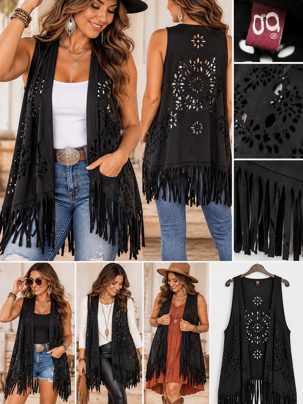 OQ Black Faux Suede Fringe Vest Laser Cut Western Boho Festival Cowgirl (103)